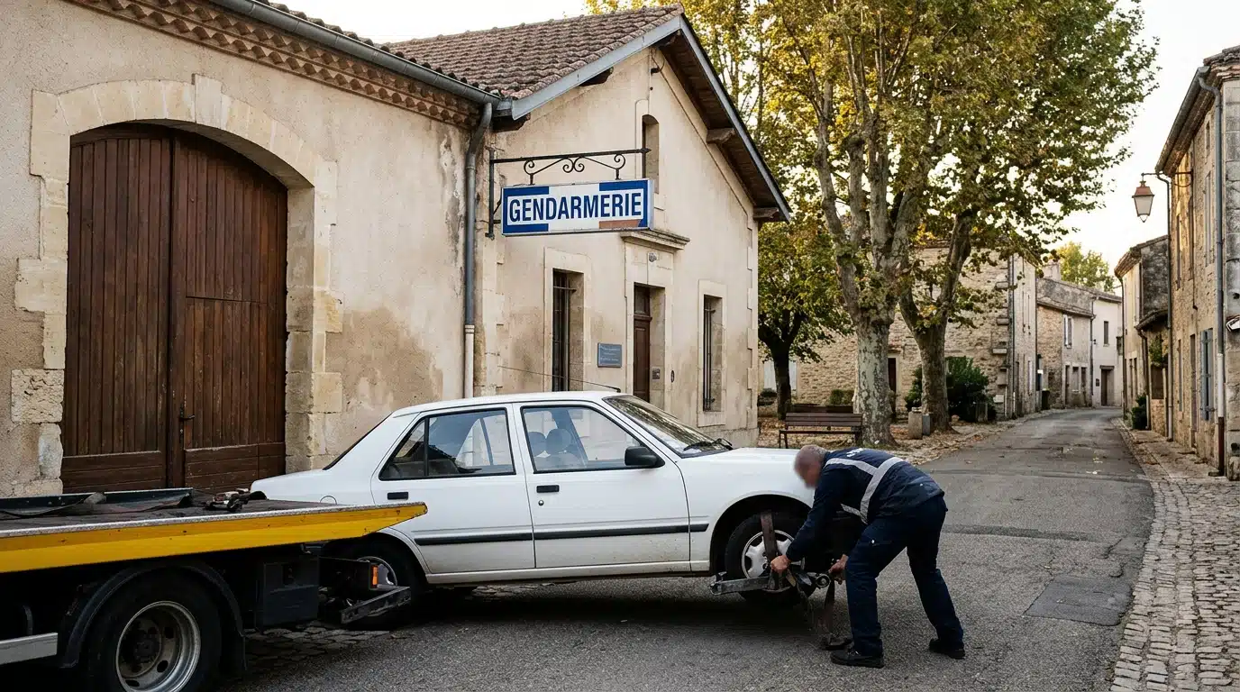 Dépanneuse embarquant une voiture devant une brigade
