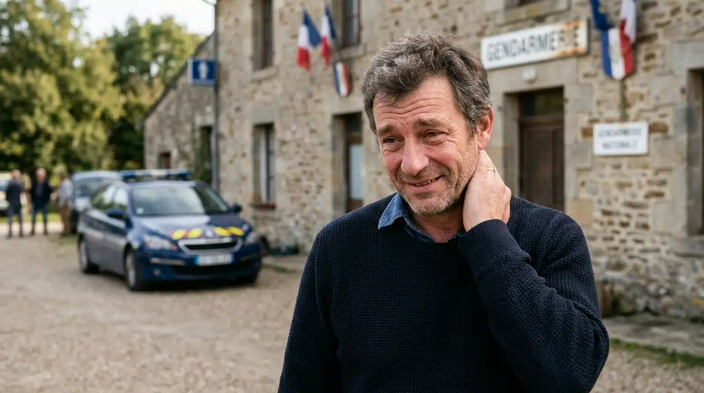 Homme gêné devant une gendarmerie de campagne